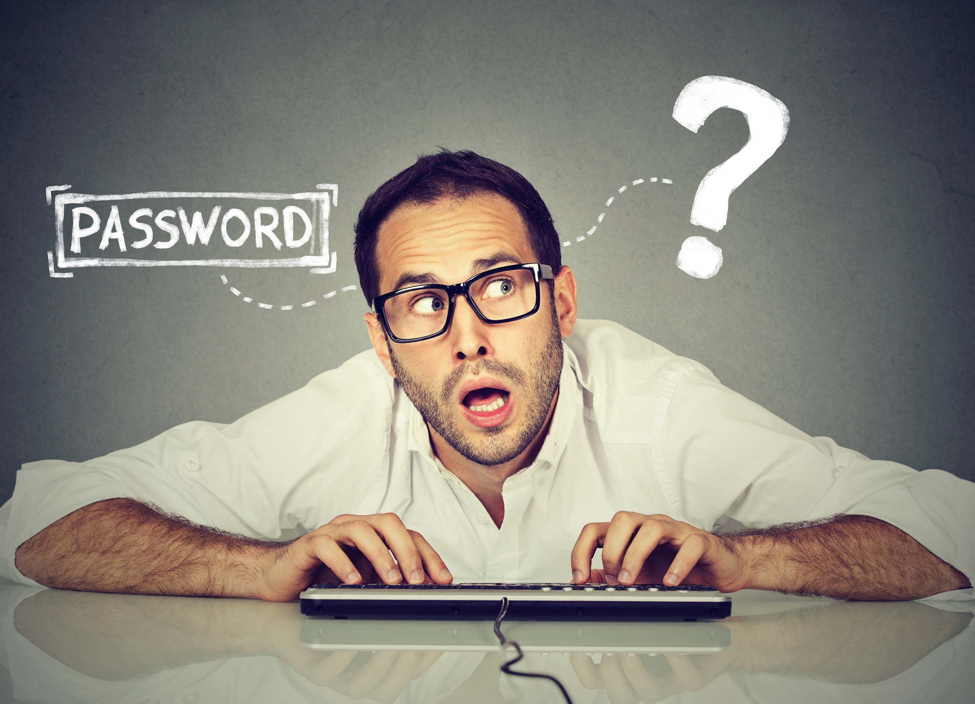 Man typing on computer keyboard with word "Password?" appearing over his head